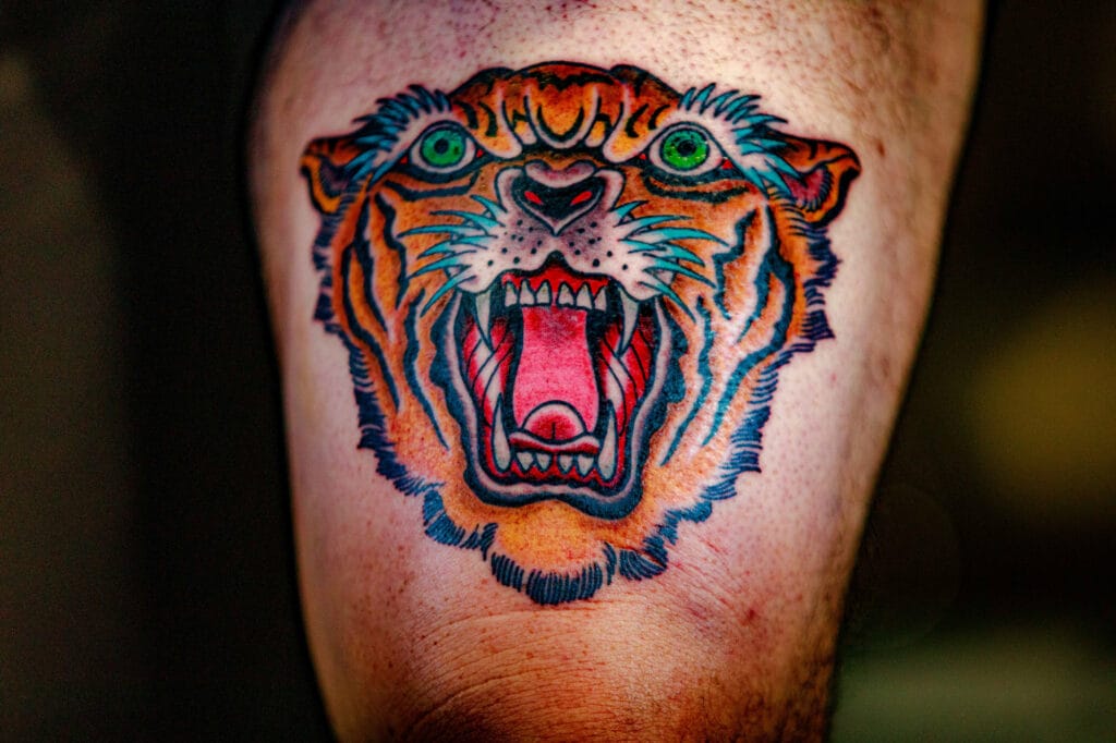 Roaring tiger tattoo with vibrant colors on skin.